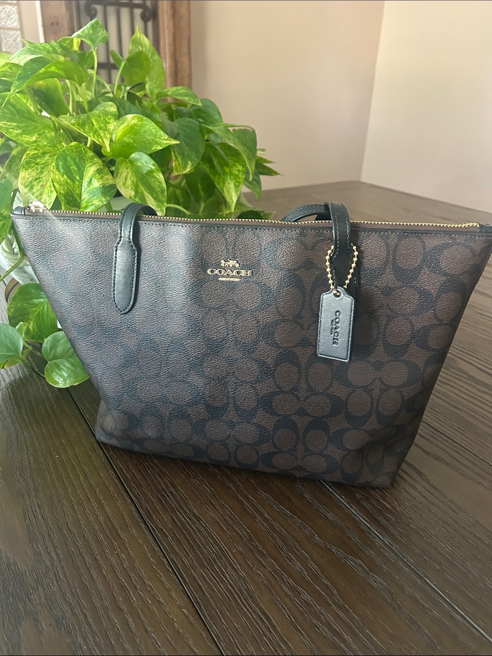 Coach Zip Tote Signature Canvas Leather Trim